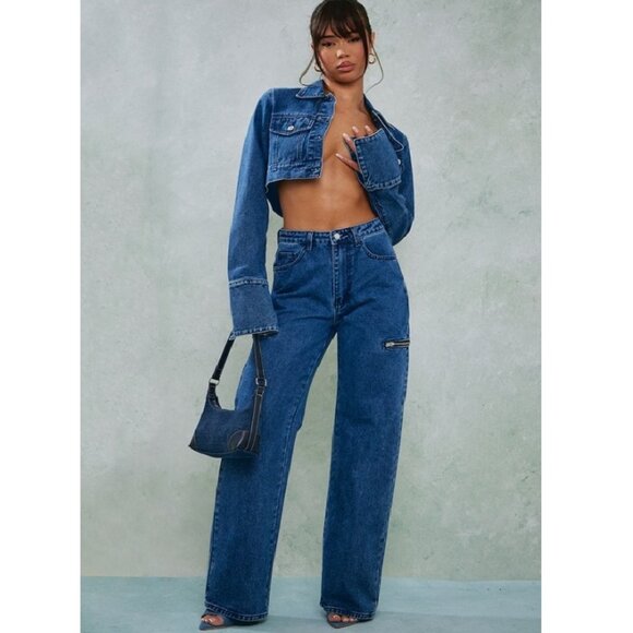 NWT - PrettyLittleThing Cuff Detail Cropped Denim Jacket, Mid wash – UK 8 / US 4 - Picture 4 of 15